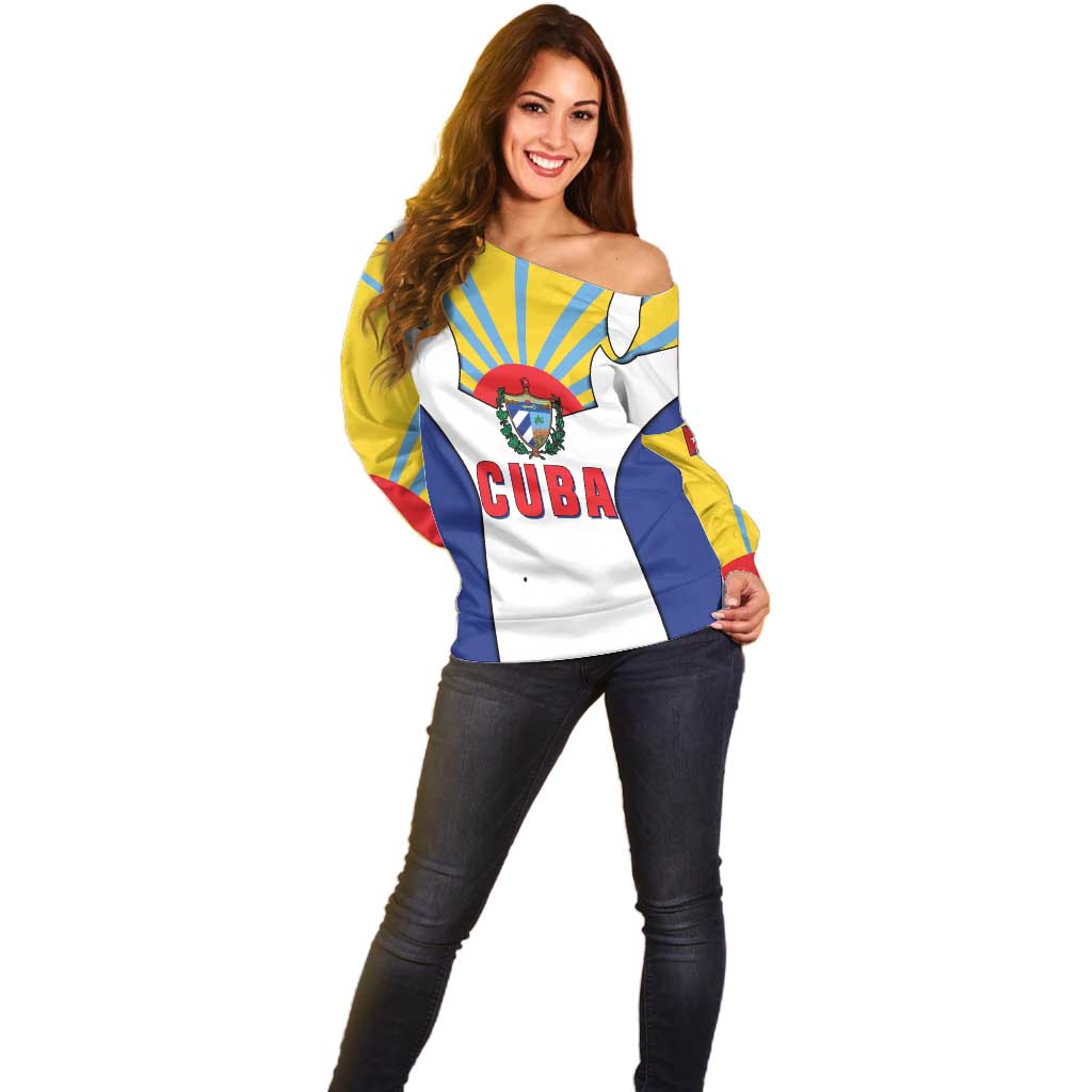 Cuba Coat of Arms Off Shoulder Sweater Colorful Cuban Flag Shield with Red Yellow Blue Patriotic Design - Wonder Print Shop