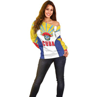 Cuba Coat of Arms Off Shoulder Sweater Colorful Cuban Flag Shield with Red Yellow Blue Patriotic Design - Wonder Print Shop