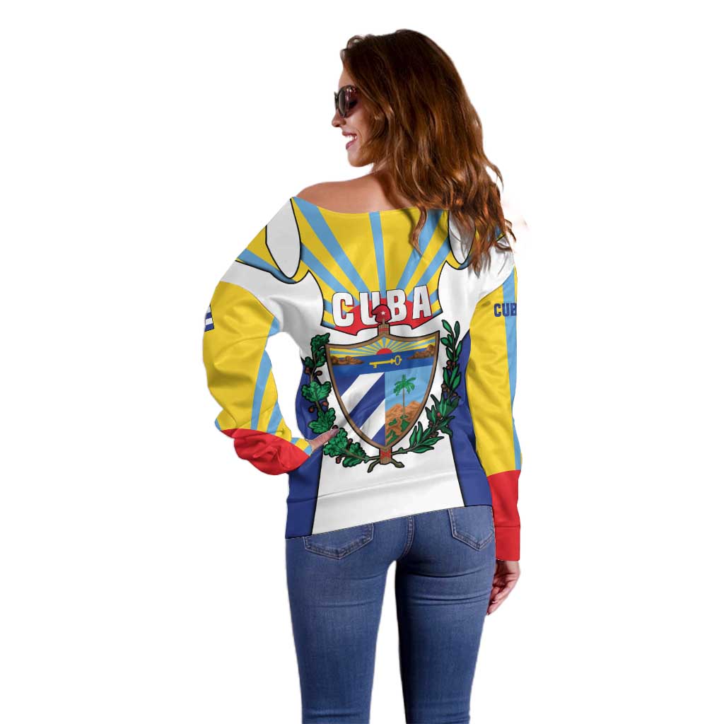 Cuba Coat of Arms Off Shoulder Sweater Colorful Cuban Flag Shield with Red Yellow Blue Patriotic Design - Wonder Print Shop