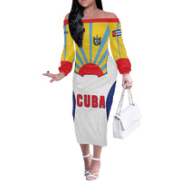 Cuba Coat of Arms Off The Shoulder Long Sleeve Dress Colorful Cuban Flag Shield with Red Yellow Blue Patriotic Design - Wonder Print Shop