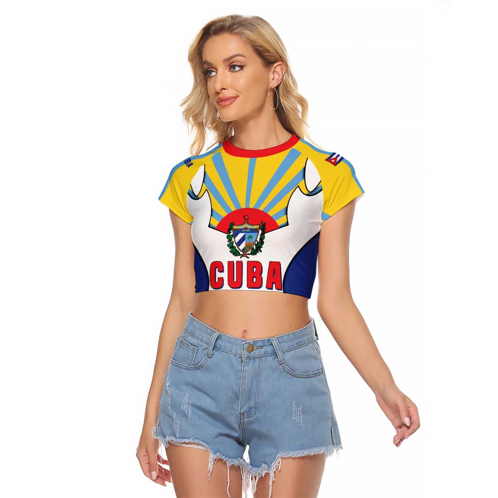 Cuba Coat of Arms Raglan Cropped T Shirt Colorful Cuban Flag Shield with Red Yellow Blue Patriotic Design - Wonder Print Shop