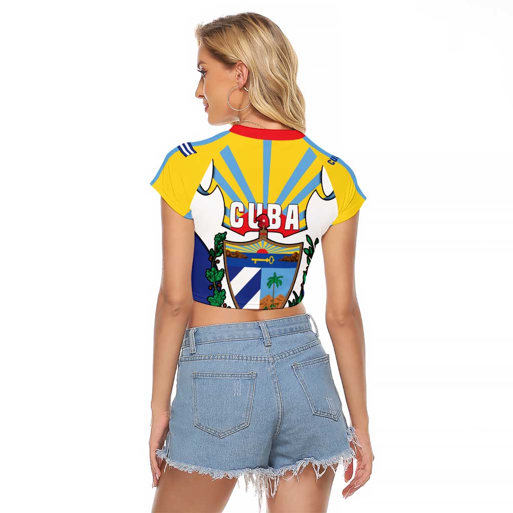 Cuba Coat of Arms Raglan Cropped T Shirt Colorful Cuban Flag Shield with Red Yellow Blue Patriotic Design - Wonder Print Shop