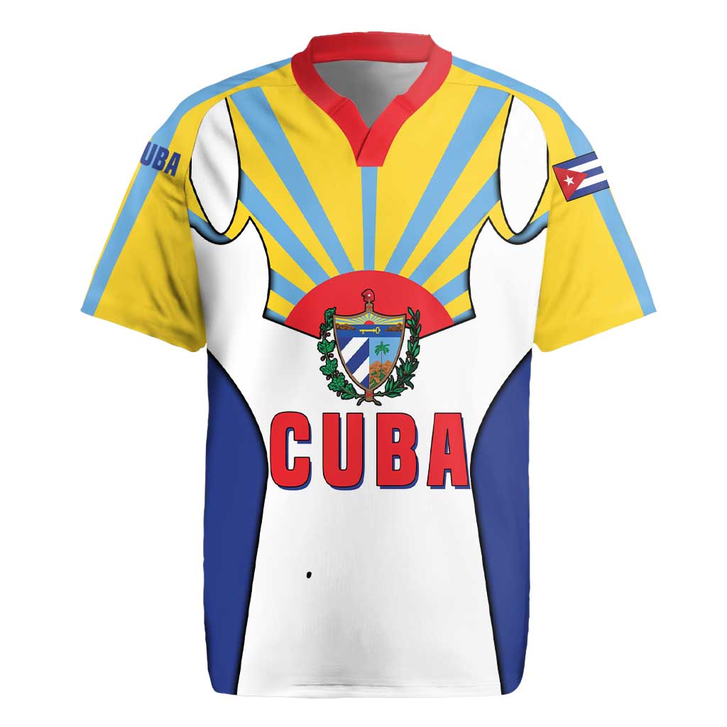 Cuba Coat of Arms Rugby Jersey Colorful Cuban Flag Shield with Red Yellow Blue Patriotic Design - Wonder Print Shop