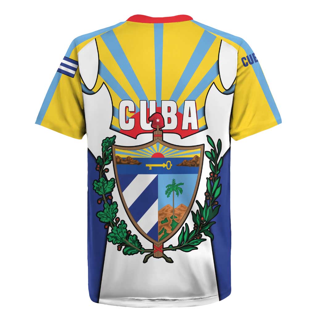 Cuba Coat of Arms Rugby Jersey Colorful Cuban Flag Shield with Red Yellow Blue Patriotic Design - Wonder Print Shop