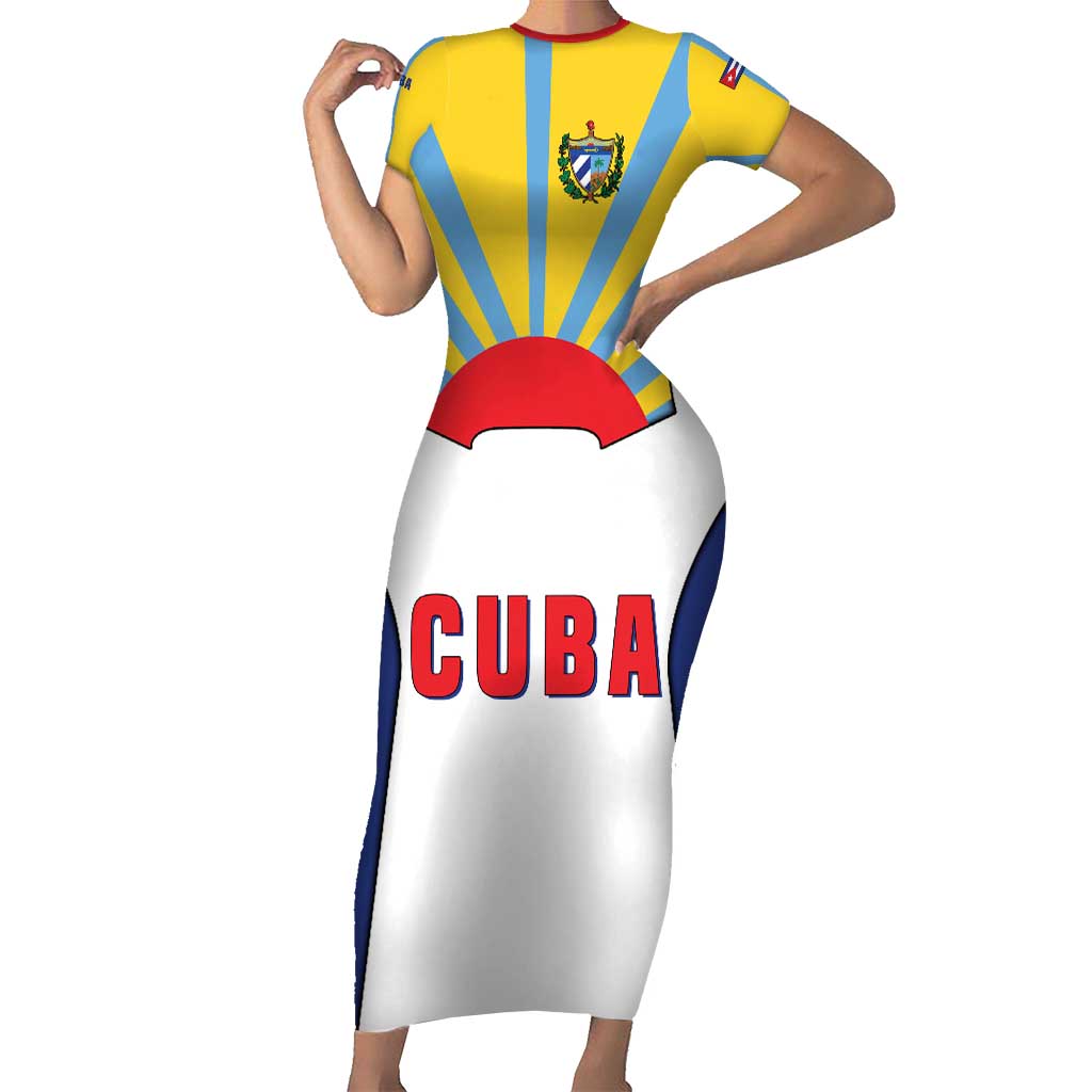 Cuba Coat of Arms Short Sleeve Bodycon Dress Colorful Cuban Flag Shield with Red Yellow Blue Patriotic Design - Wonder Print Shop