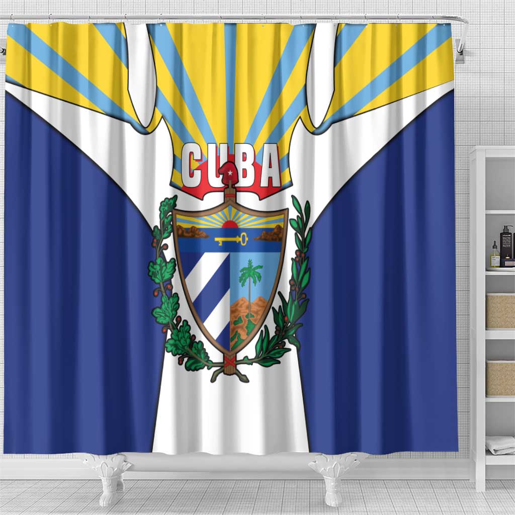 Cuba Coat of Arms Shower Curtain Colorful Cuban Flag Shield with Red Yellow Blue Patriotic Design - Wonder Print Shop