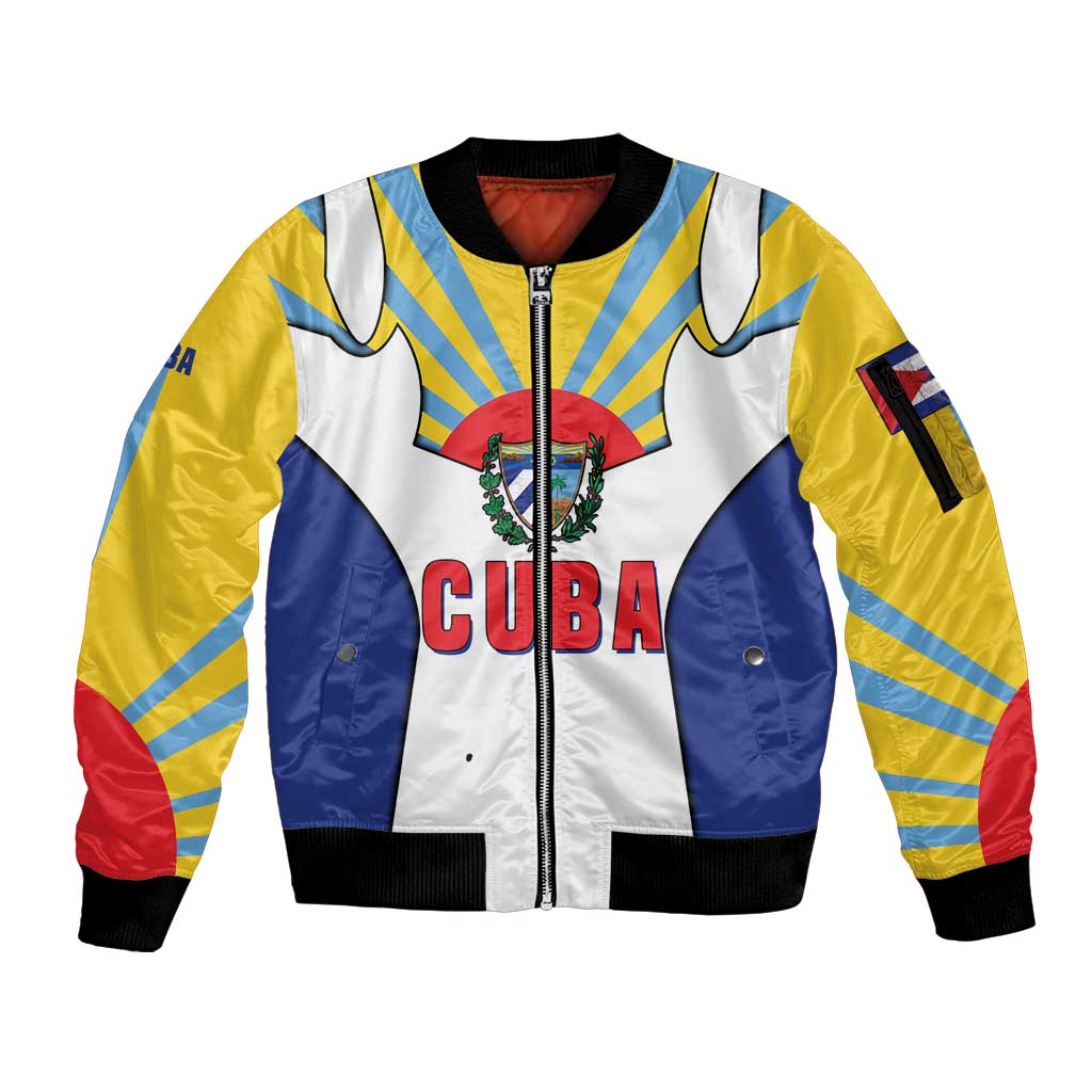 Cuba Coat of Arms Sleeve Zip Bomber Jacket Colorful Cuban Flag Shield with Red Yellow Blue Patriotic Design - Wonder Print Shop