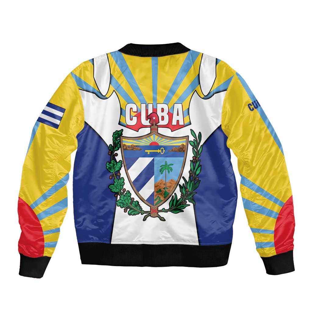 Cuba Coat of Arms Sleeve Zip Bomber Jacket Colorful Cuban Flag Shield with Red Yellow Blue Patriotic Design - Wonder Print Shop