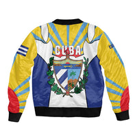 Cuba Coat of Arms Sleeve Zip Bomber Jacket Colorful Cuban Flag Shield with Red Yellow Blue Patriotic Design - Wonder Print Shop