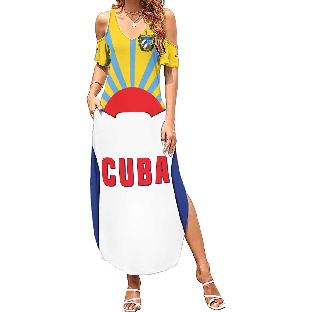 Cuba Coat of Arms Summer Maxi Dress Colorful Cuban Flag Shield with Red Yellow Blue Patriotic Design - Wonder Print Shop