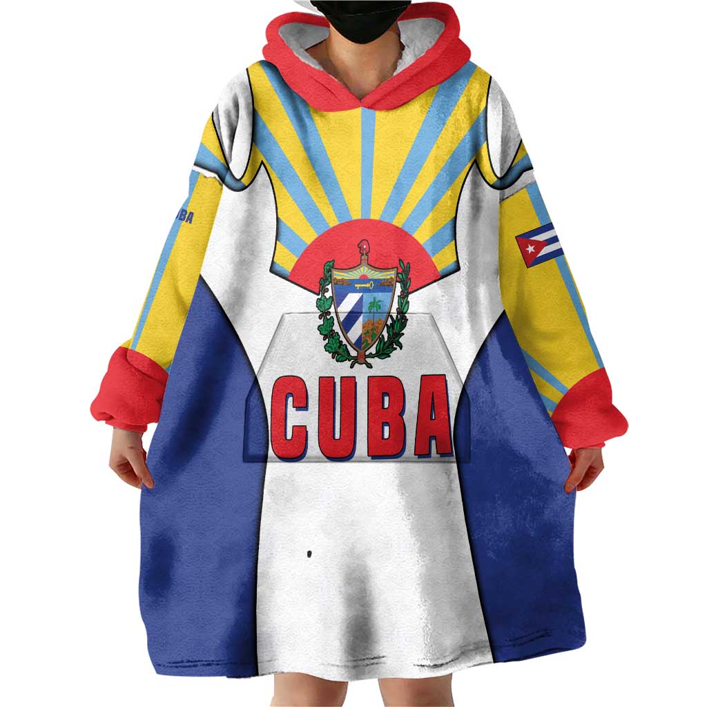 Cuba Coat of Arms Wearable Blanket Hoodie Colorful Cuban Flag Shield with Red Yellow Blue Patriotic Design - Wonder Print Shop