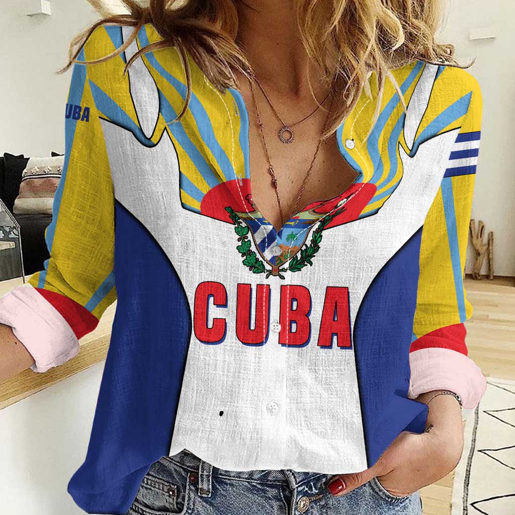 Cuba Coat of Arms Women Casual Shirt Colorful Cuban Flag Shield with Red Yellow Blue Patriotic Design - Wonder Print Shop