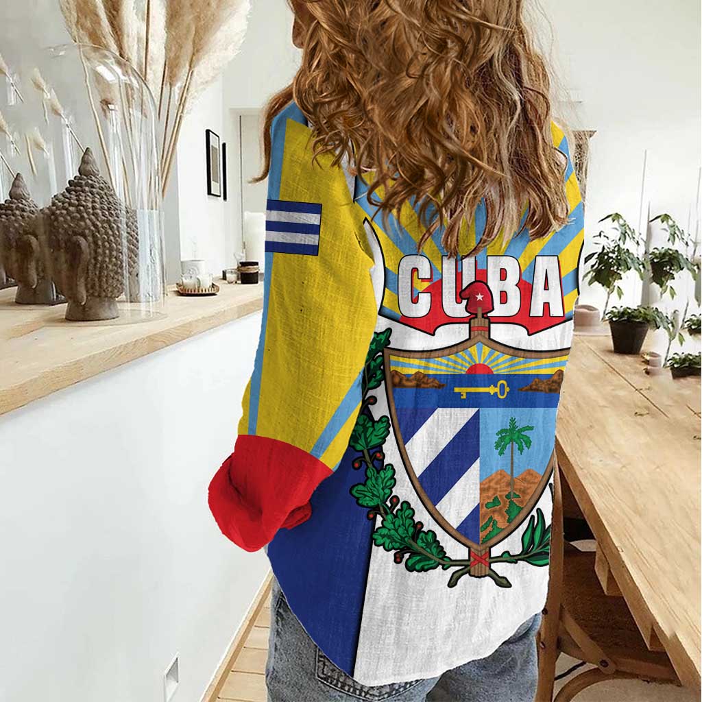 Cuba Coat of Arms Women Casual Shirt Colorful Cuban Flag Shield with Red Yellow Blue Patriotic Design - Wonder Print Shop