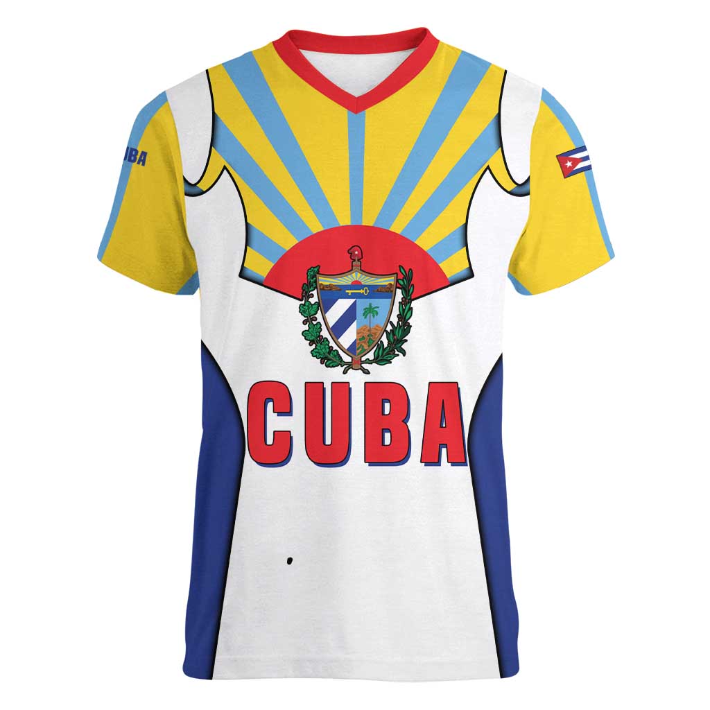 Cuba Coat of Arms Women V-Neck T-Shirt Colorful Cuban Flag Shield with Red Yellow Blue Patriotic Design - Wonder Print Shop