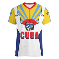 Cuba Coat of Arms Women V-Neck T-Shirt Colorful Cuban Flag Shield with Red Yellow Blue Patriotic Design - Wonder Print Shop
