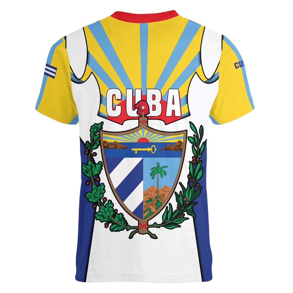 Cuba Coat of Arms Women V-Neck T-Shirt Colorful Cuban Flag Shield with Red Yellow Blue Patriotic Design - Wonder Print Shop