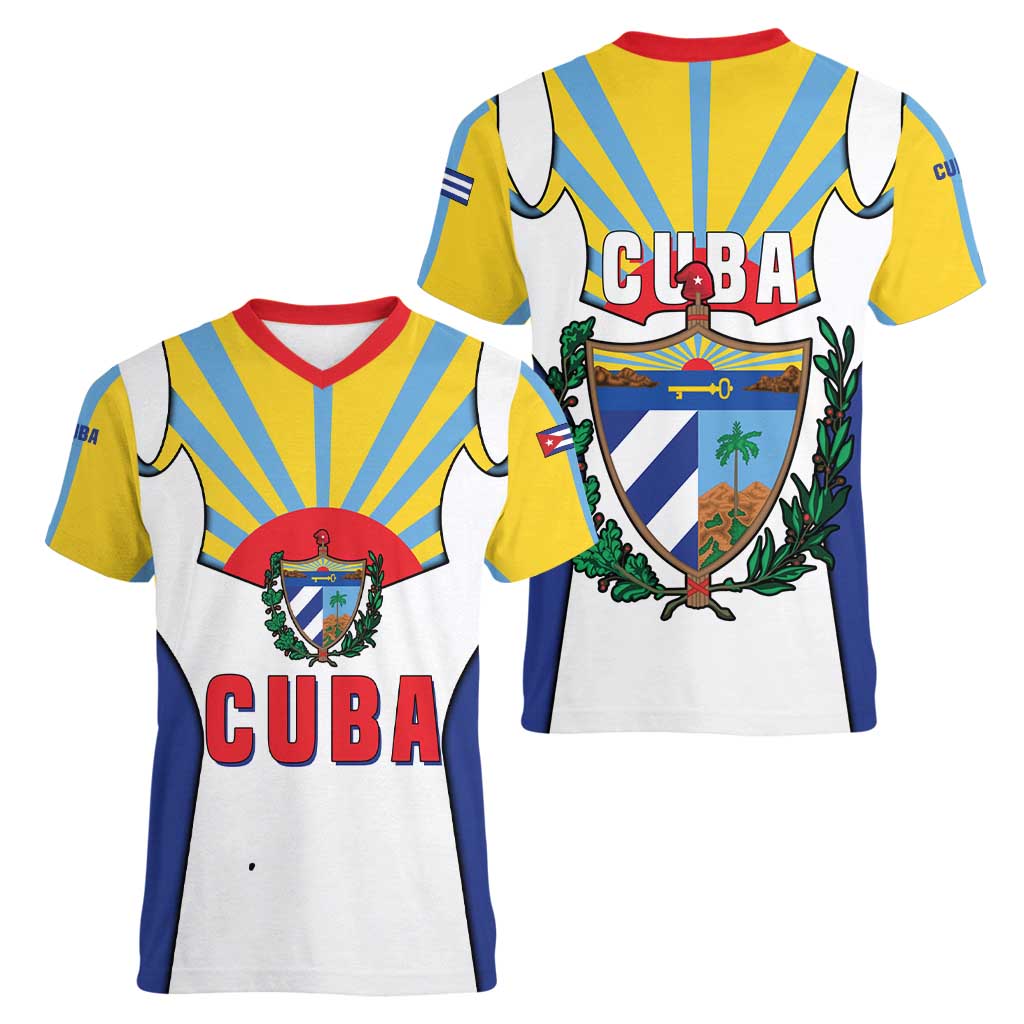 Cuba Coat of Arms Women V-Neck T-Shirt Colorful Cuban Flag Shield with Red Yellow Blue Patriotic Design - Wonder Print Shop