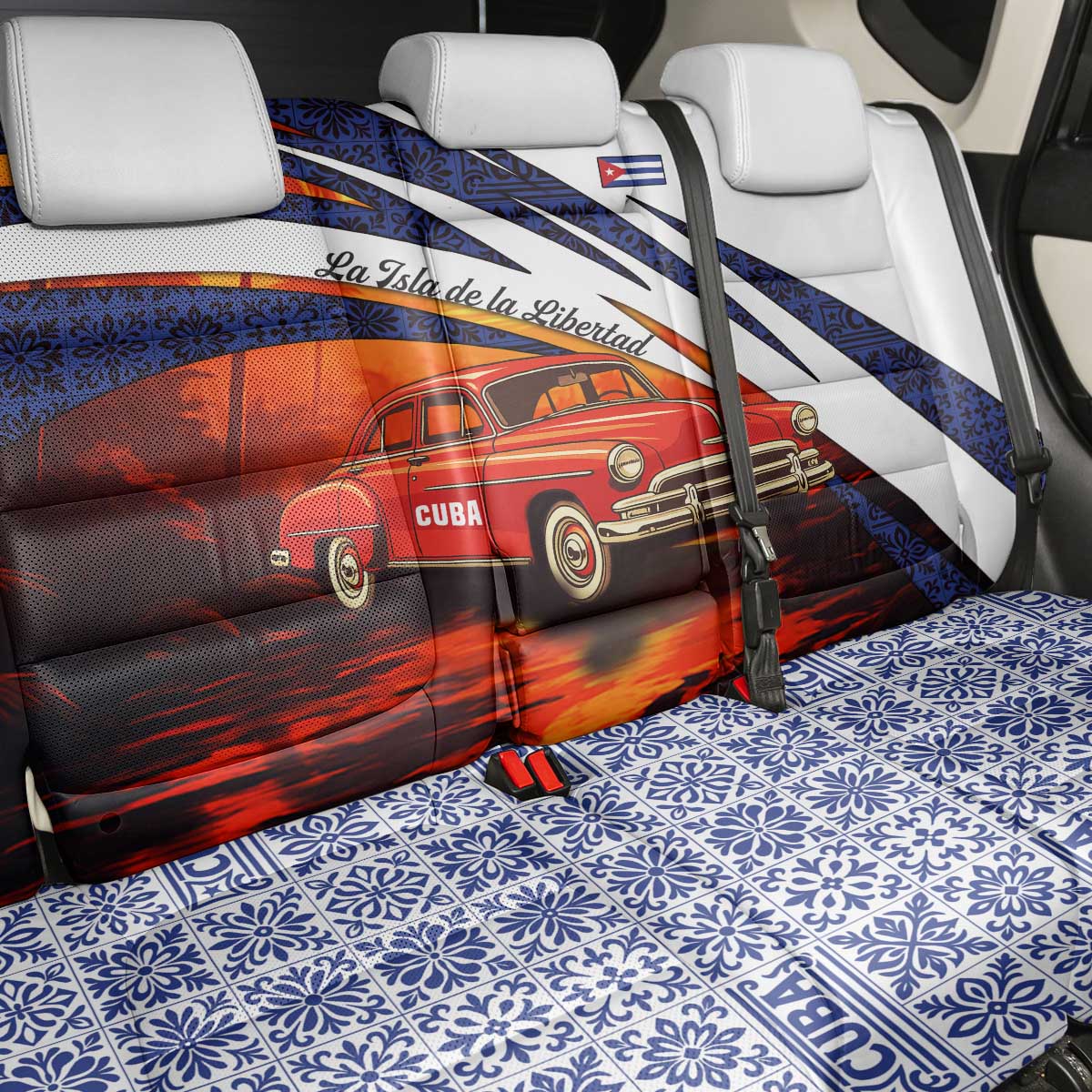 Cuba Classic Car Back Car Seat Cover La Isla de la Libertad Red Vintage Auto with Cuban Flag Design - Wonder Print Shop