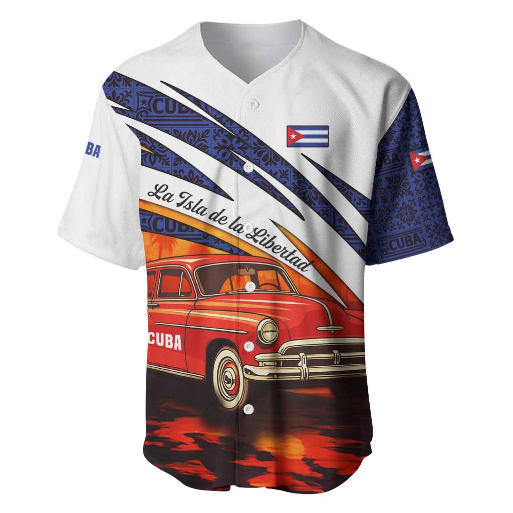 Cuba Classic Car Baseball Jersey La Isla de la Libertad Red Vintage Auto with Cuban Flag Design - Wonder Print Shop