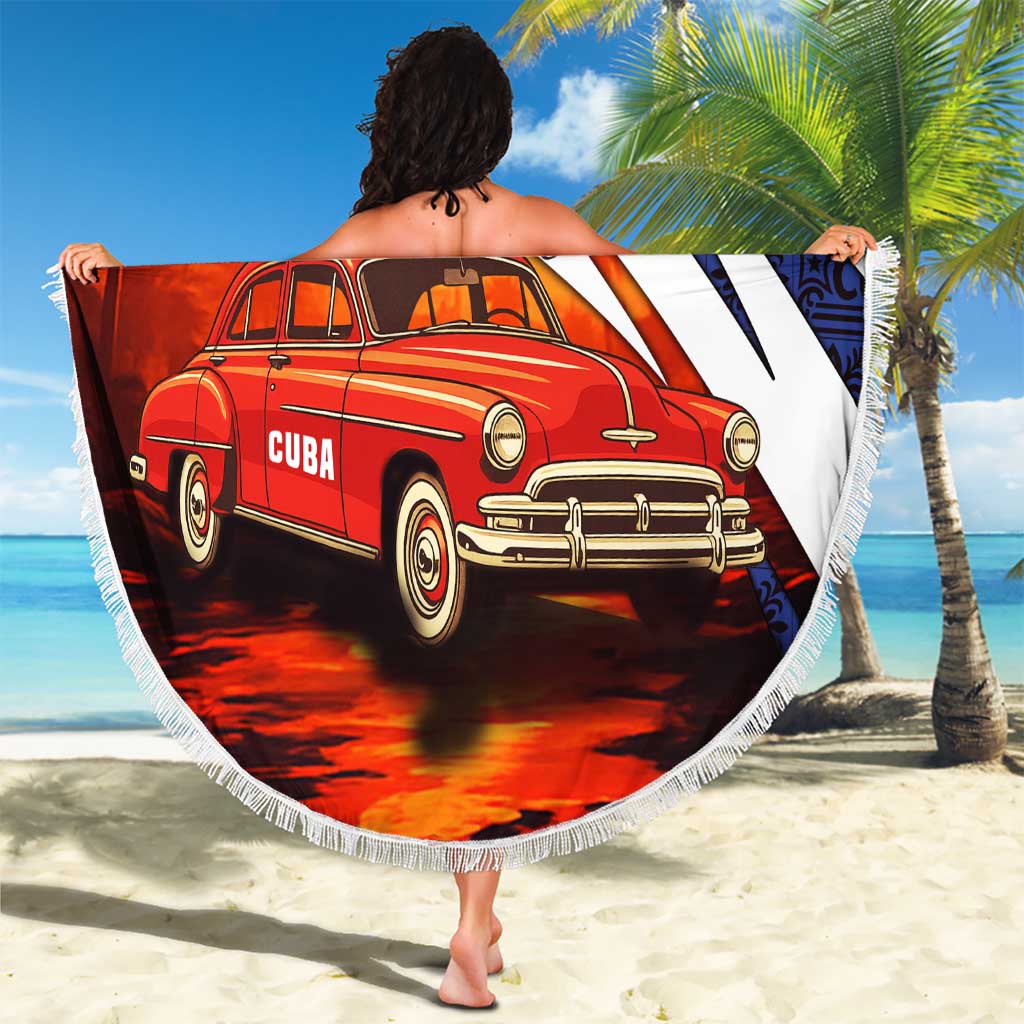 Cuba Classic Car Beach Blanket La Isla de la Libertad Red Vintage Auto with Cuban Flag Design - Wonder Print Shop