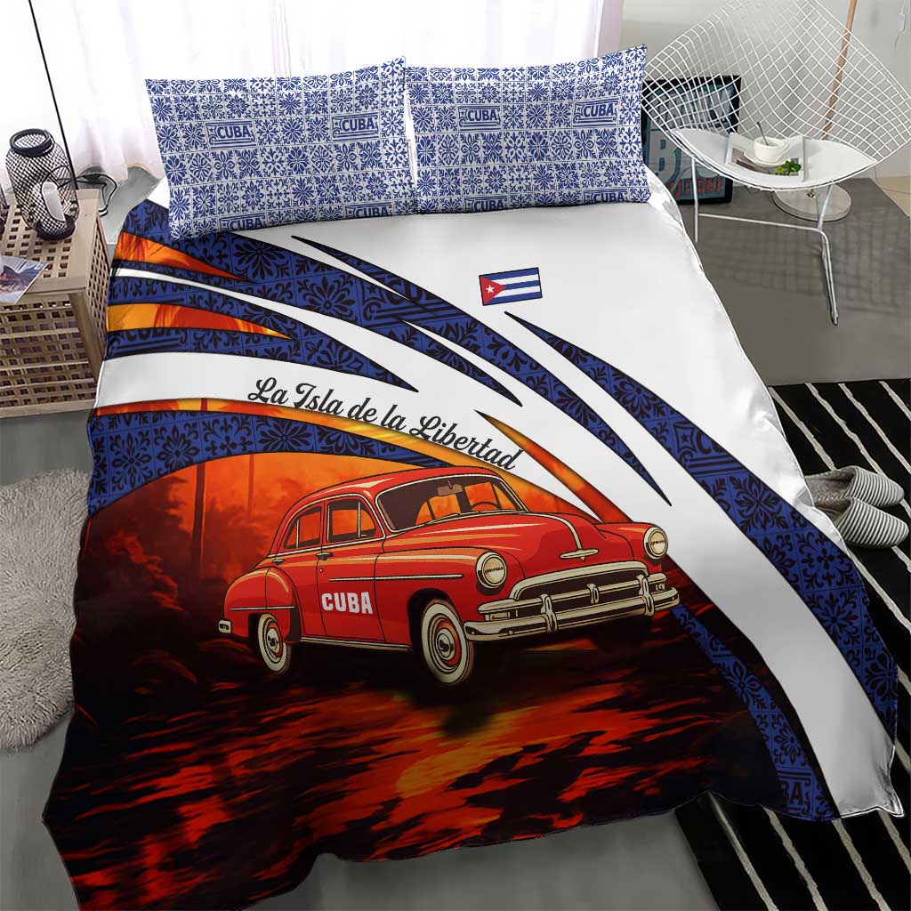 Cuba Classic Car Bedding Set La Isla de la Libertad Red Vintage Auto with Cuban Flag Design - Wonder Print Shop