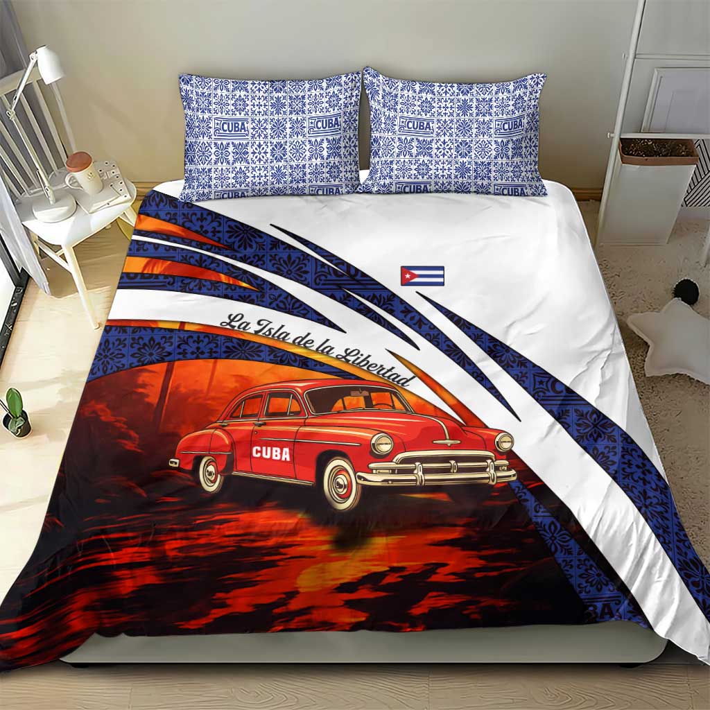Cuba Classic Car Bedding Set La Isla de la Libertad Red Vintage Auto with Cuban Flag Design - Wonder Print Shop