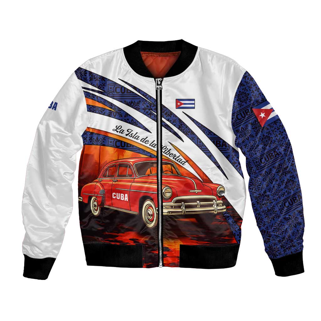 Cuba Classic Car Bomber Jacket La Isla de la Libertad Red Vintage Auto with Cuban Flag Design - Wonder Print Shop
