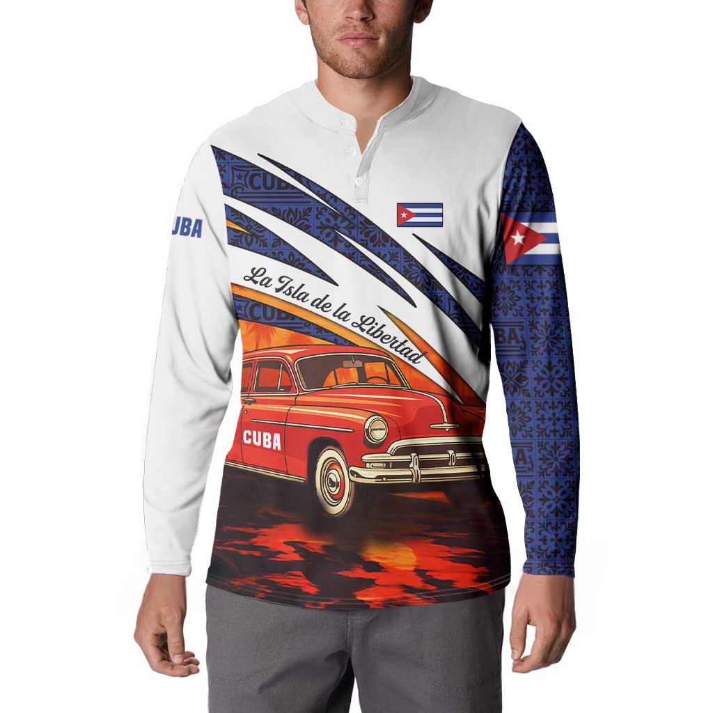 Cuba Classic Car Button Sweatshirt La Isla de la Libertad Red Vintage Auto with Cuban Flag Design - Wonder Print Shop