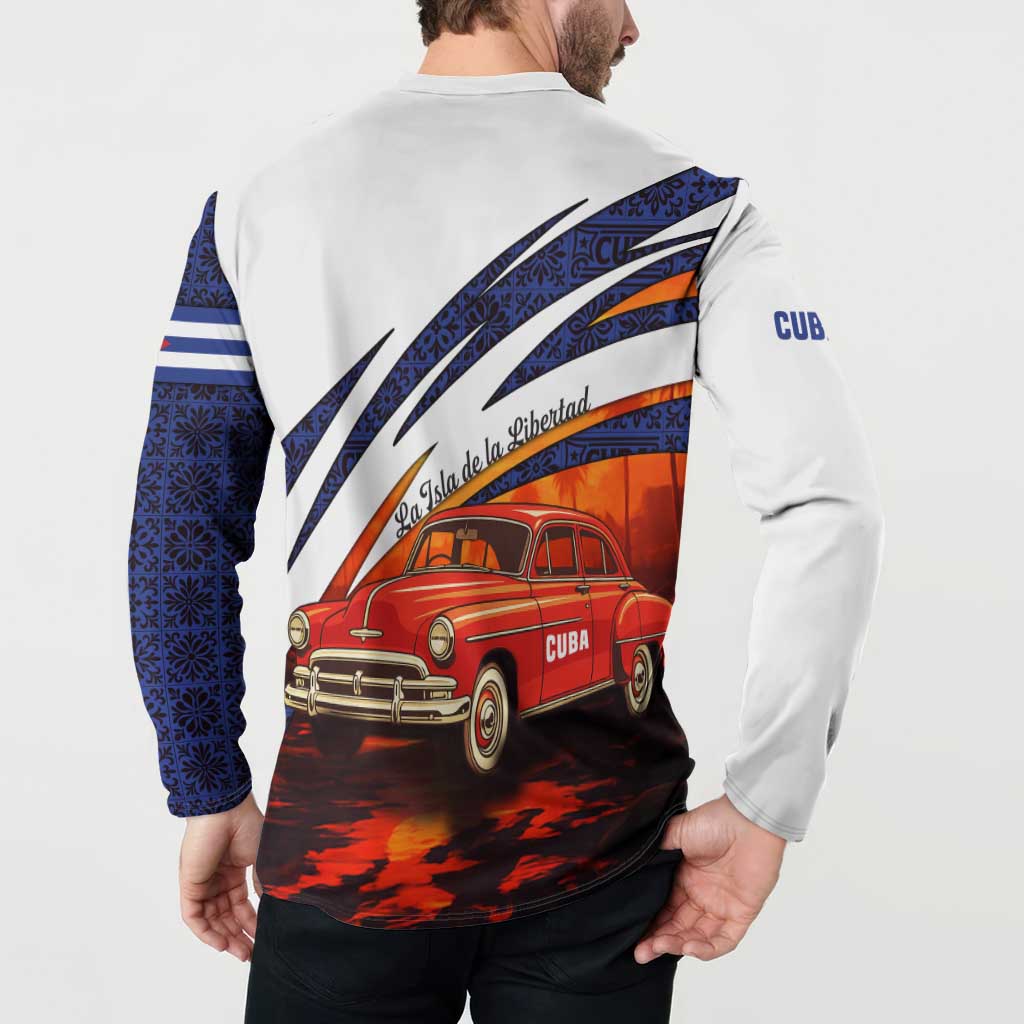 Cuba Classic Car Button Sweatshirt La Isla de la Libertad Red Vintage Auto with Cuban Flag Design - Wonder Print Shop