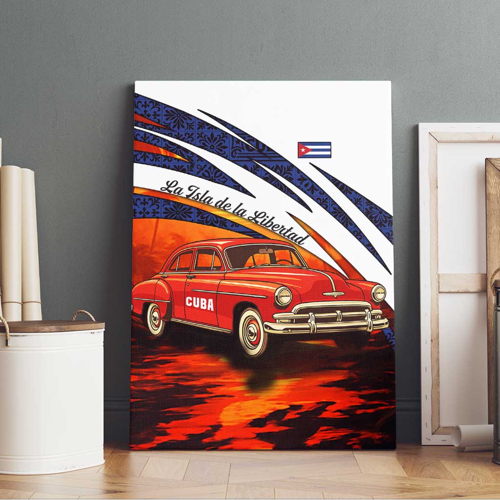 Cuba Classic Car Canvas Wall Art La Isla de la Libertad Red Vintage Auto with Cuban Flag Design - Wonder Print Shop