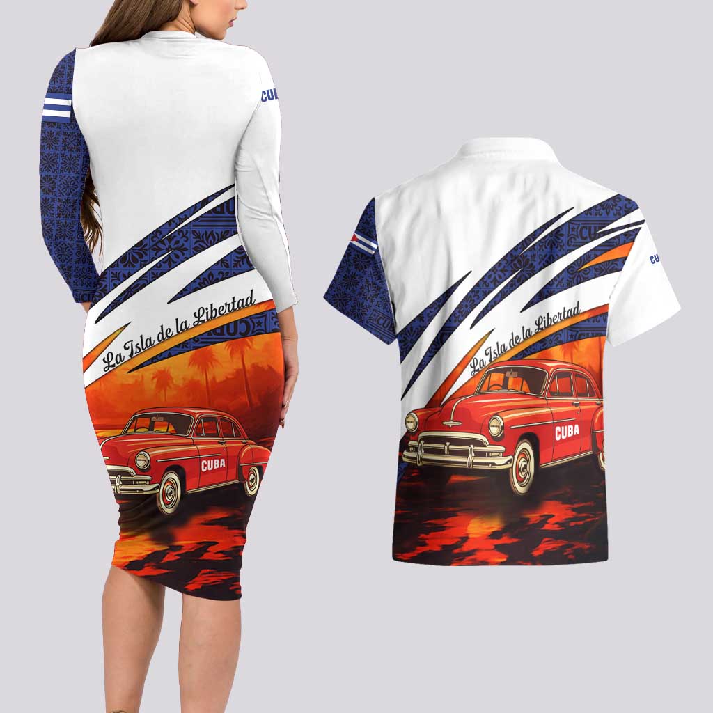 Cuba Classic Car Couples Matching Long Sleeve Bodycon Dress and Hawaiian Shirt La Isla de la Libertad Red Vintage Auto with Cuban Flag Design - Wonder Print Shop