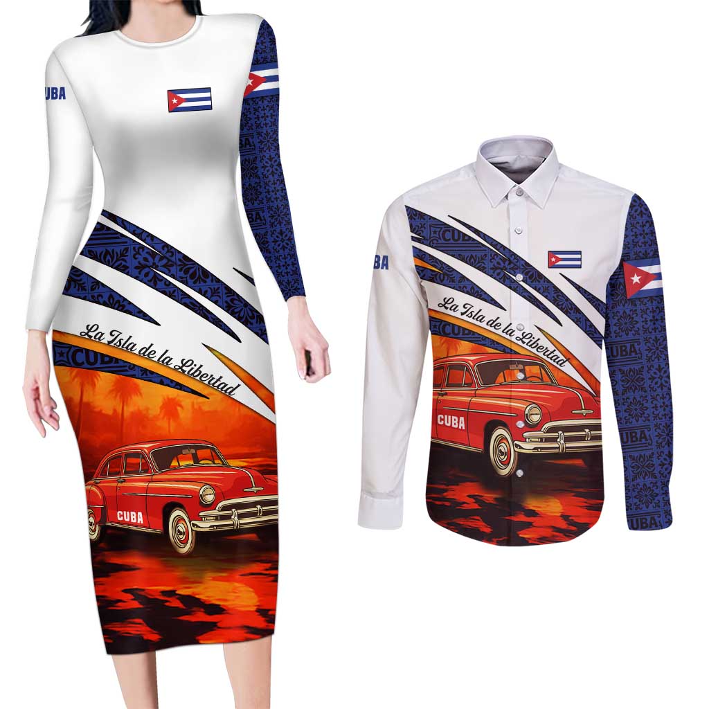 Cuba Classic Car Couples Matching Long Sleeve Bodycon Dress and Long Sleeve Button Shirt La Isla de la Libertad Red Vintage Auto with Cuban Flag Design - Wonder Print Shop