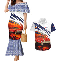 Cuba Classic Car Couples Matching Mermaid Dress and Hawaiian Shirt La Isla de la Libertad Red Vintage Auto with Cuban Flag Design - Wonder Print Shop
