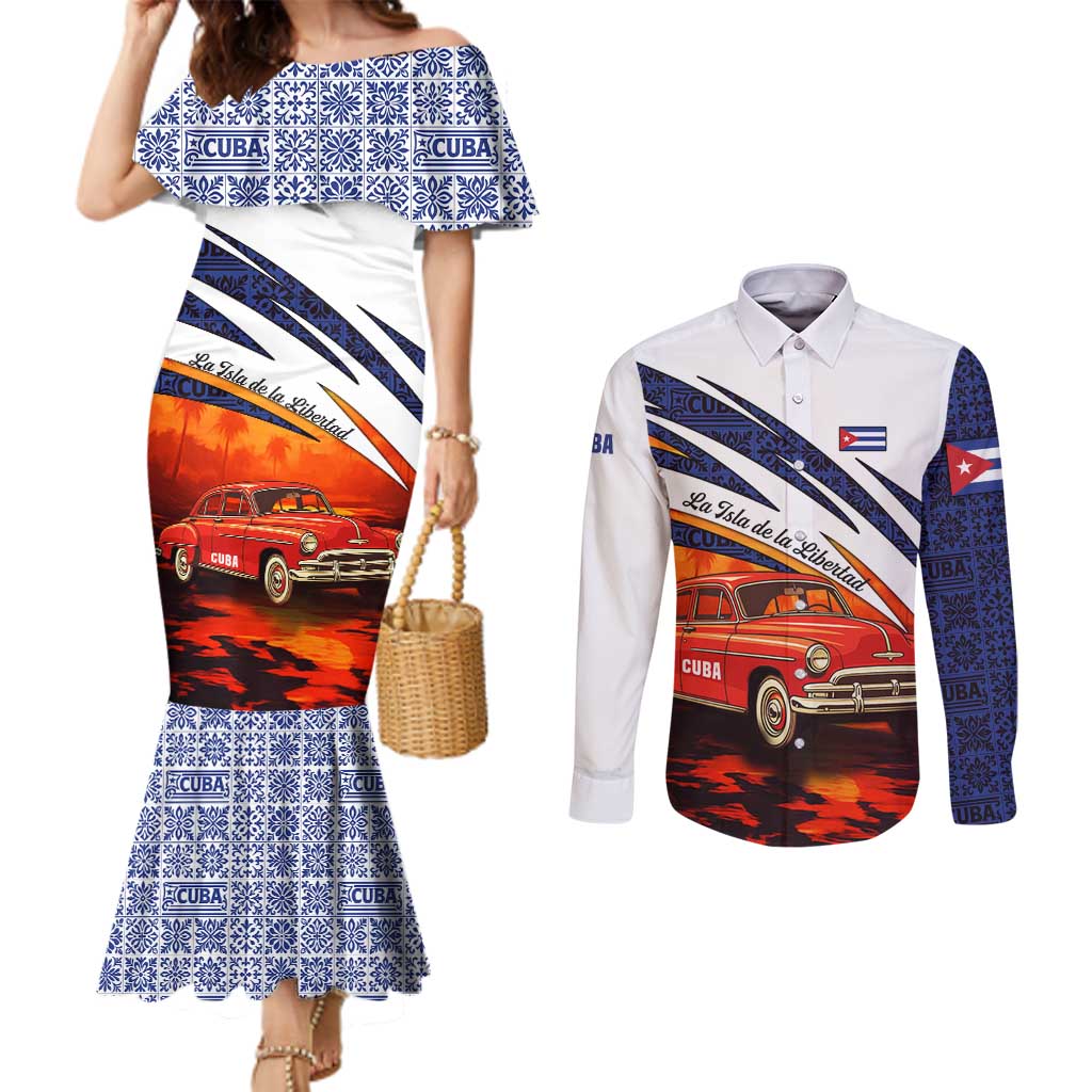 Cuba Classic Car Couples Matching Mermaid Dress and Long Sleeve Button Shirt La Isla de la Libertad Red Vintage Auto with Cuban Flag Design - Wonder Print Shop