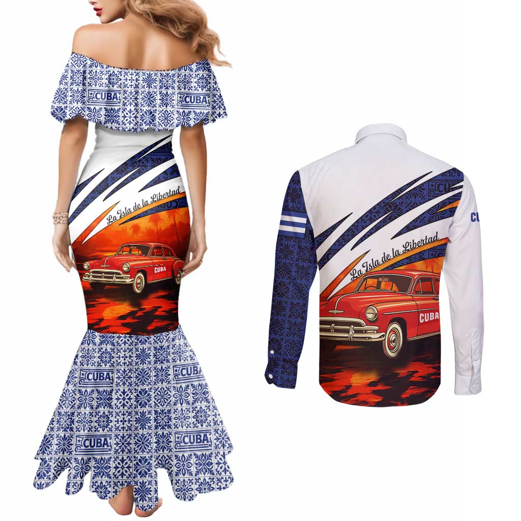 Cuba Classic Car Couples Matching Mermaid Dress and Long Sleeve Button Shirt La Isla de la Libertad Red Vintage Auto with Cuban Flag Design - Wonder Print Shop