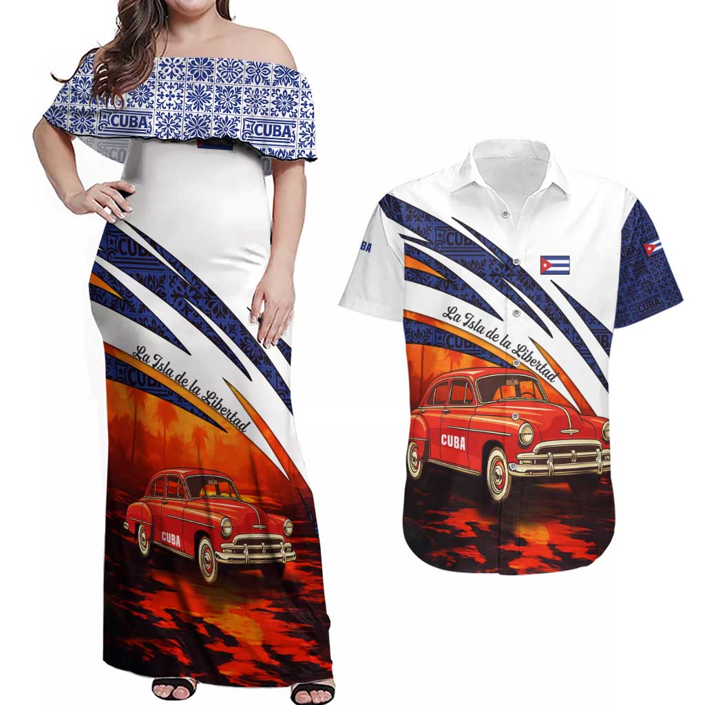 Cuba Classic Car Couples Matching Off Shoulder Maxi Dress and Hawaiian Shirt La Isla de la Libertad Red Vintage Auto with Cuban Flag Design - Wonder Print Shop