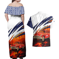 Cuba Classic Car Couples Matching Off Shoulder Maxi Dress and Hawaiian Shirt La Isla de la Libertad Red Vintage Auto with Cuban Flag Design - Wonder Print Shop