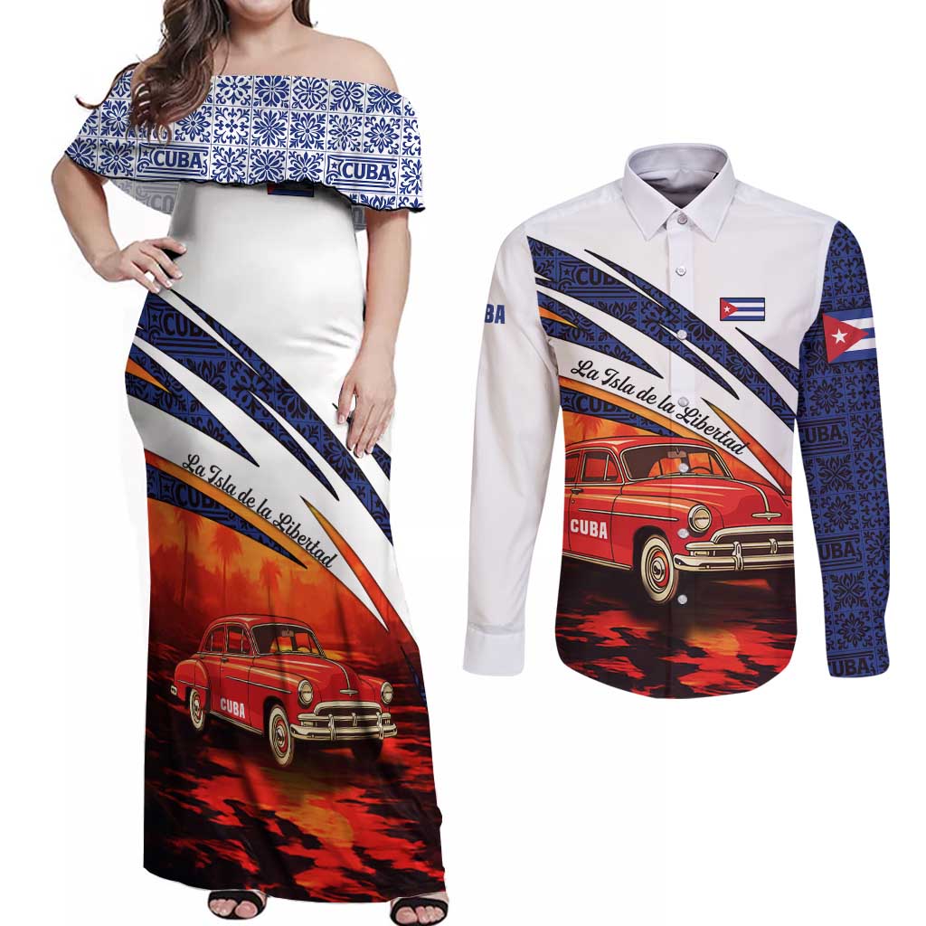 Cuba Classic Car Couples Matching Off Shoulder Maxi Dress and Long Sleeve Button Shirt La Isla de la Libertad Red Vintage Auto with Cuban Flag Design - Wonder Print Shop