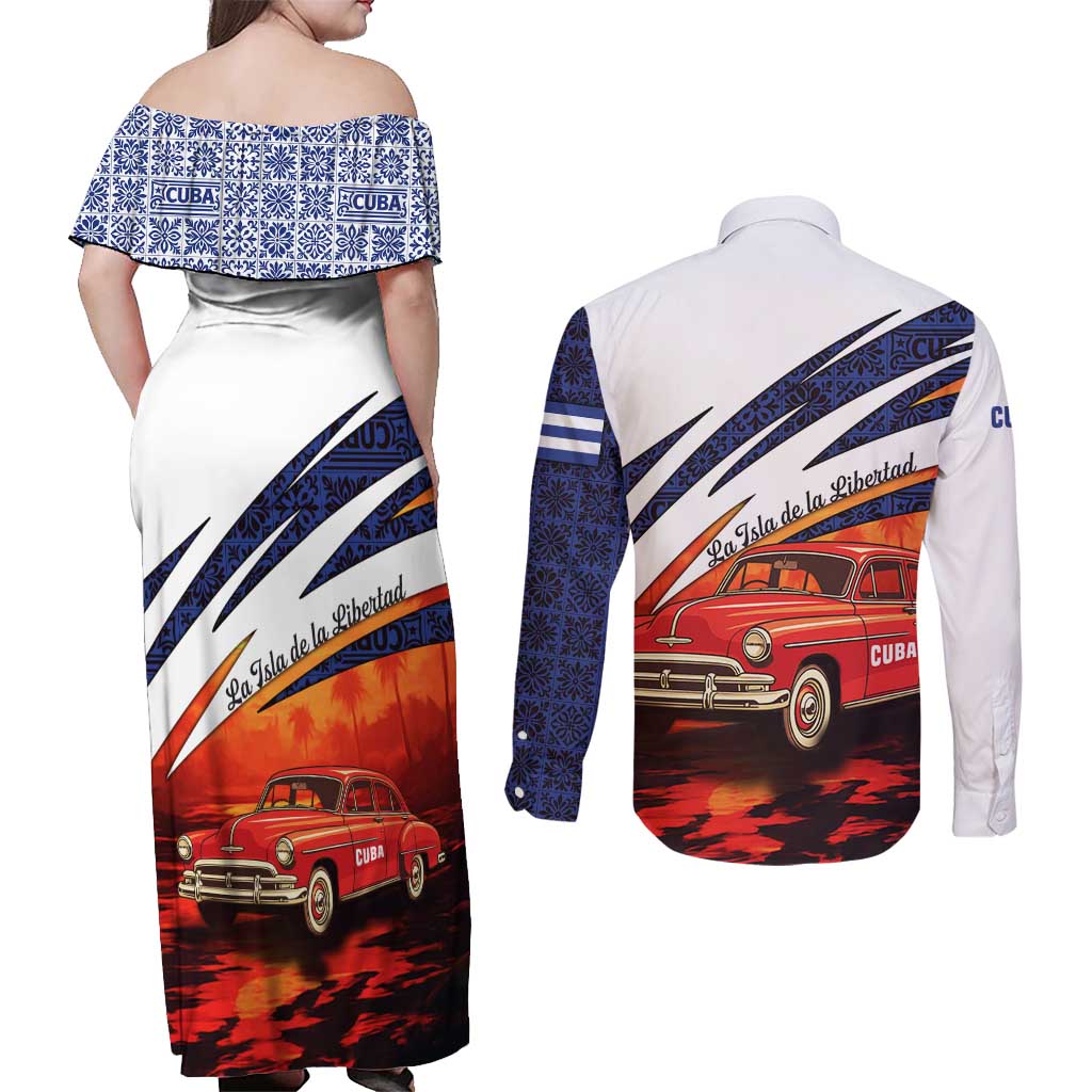 Cuba Classic Car Couples Matching Off Shoulder Maxi Dress and Long Sleeve Button Shirt La Isla de la Libertad Red Vintage Auto with Cuban Flag Design - Wonder Print Shop