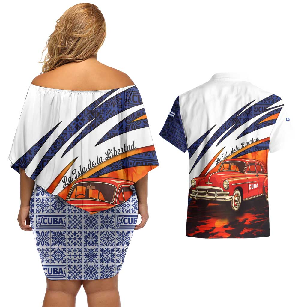 Cuba Classic Car Couples Matching Off Shoulder Short Dress and Hawaiian Shirt La Isla de la Libertad Red Vintage Auto with Cuban Flag Design - Wonder Print Shop