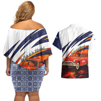 Cuba Classic Car Couples Matching Off Shoulder Short Dress and Hawaiian Shirt La Isla de la Libertad Red Vintage Auto with Cuban Flag Design - Wonder Print Shop
