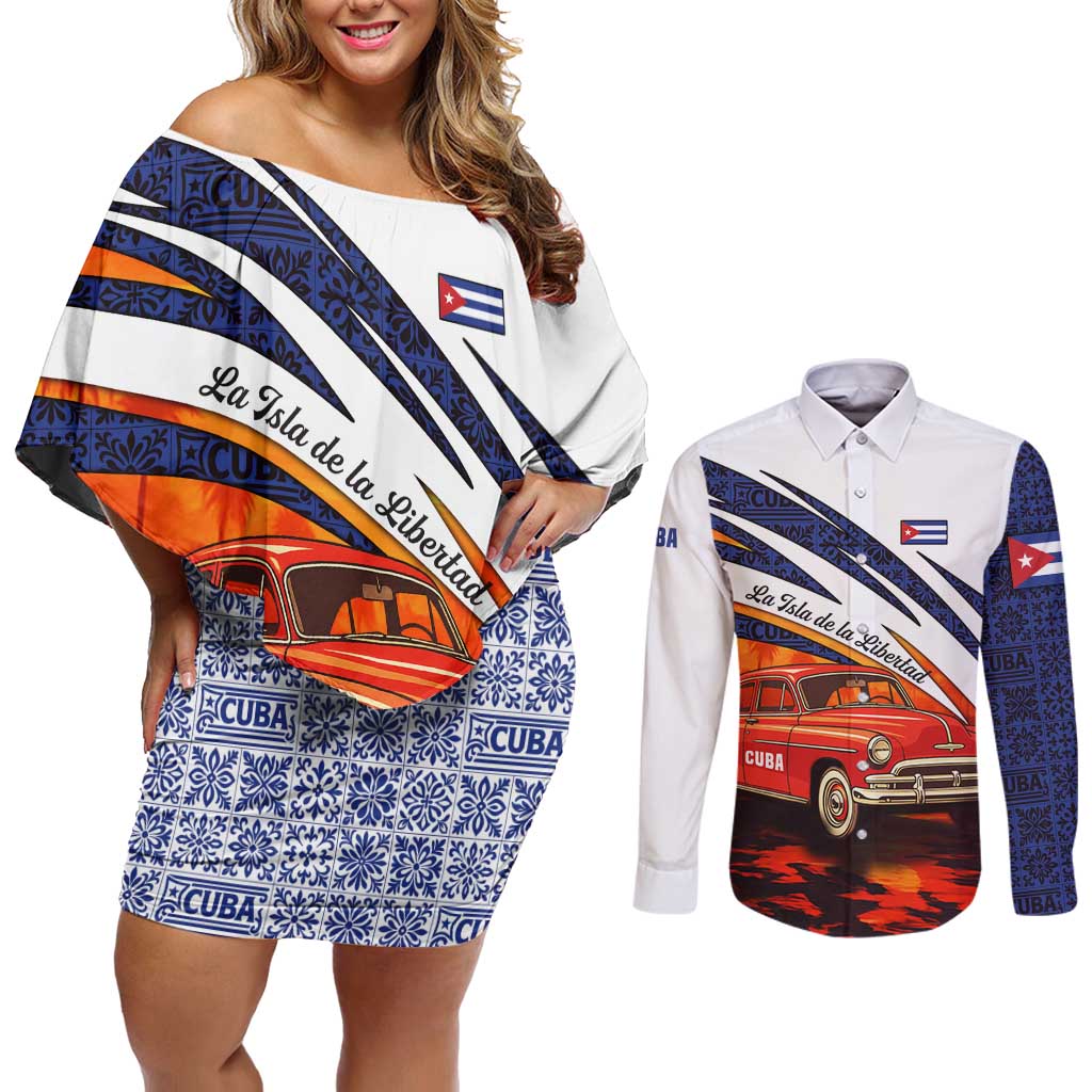 Cuba Classic Car Couples Matching Off Shoulder Short Dress and Long Sleeve Button Shirt La Isla de la Libertad Red Vintage Auto with Cuban Flag Design - Wonder Print Shop