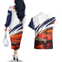 Cuba Classic Car Couples Matching Off The Shoulder Long Sleeve Dress and Hawaiian Shirt La Isla de la Libertad Red Vintage Auto with Cuban Flag Design - Wonder Print Shop