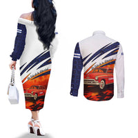 Cuba Classic Car Couples Matching Off The Shoulder Long Sleeve Dress and Long Sleeve Button Shirt La Isla de la Libertad Red Vintage Auto with Cuban Flag Design - Wonder Print Shop