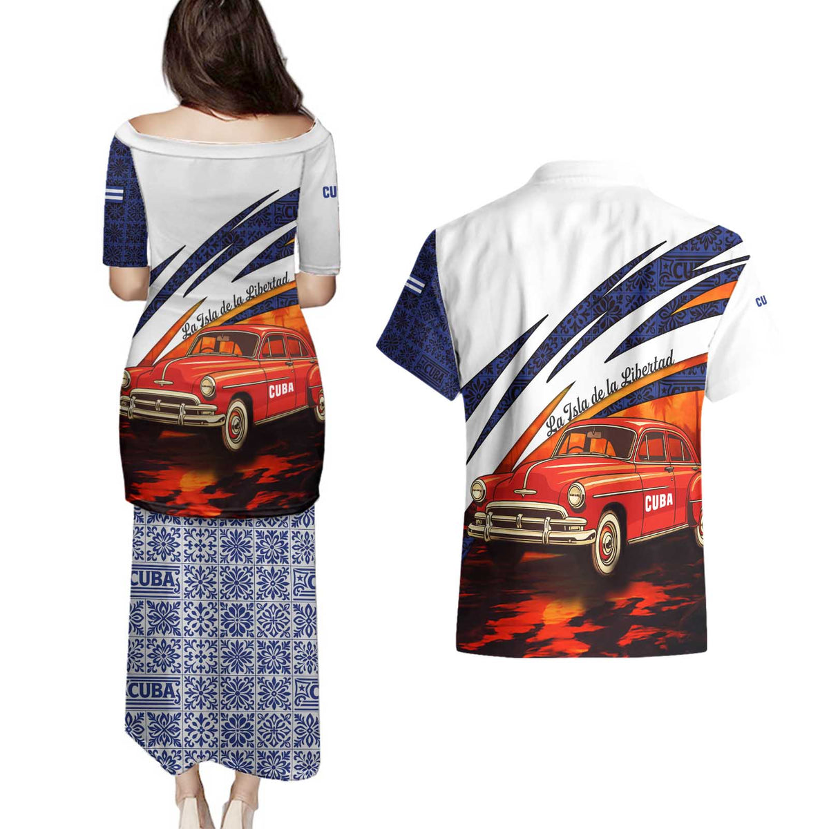 Cuba Classic Car Couples Matching Puletasi and Hawaiian Shirt La Isla de la Libertad Red Vintage Auto with Cuban Flag Design - Wonder Print Shop