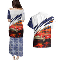 Cuba Classic Car Couples Matching Puletasi and Hawaiian Shirt La Isla de la Libertad Red Vintage Auto with Cuban Flag Design - Wonder Print Shop