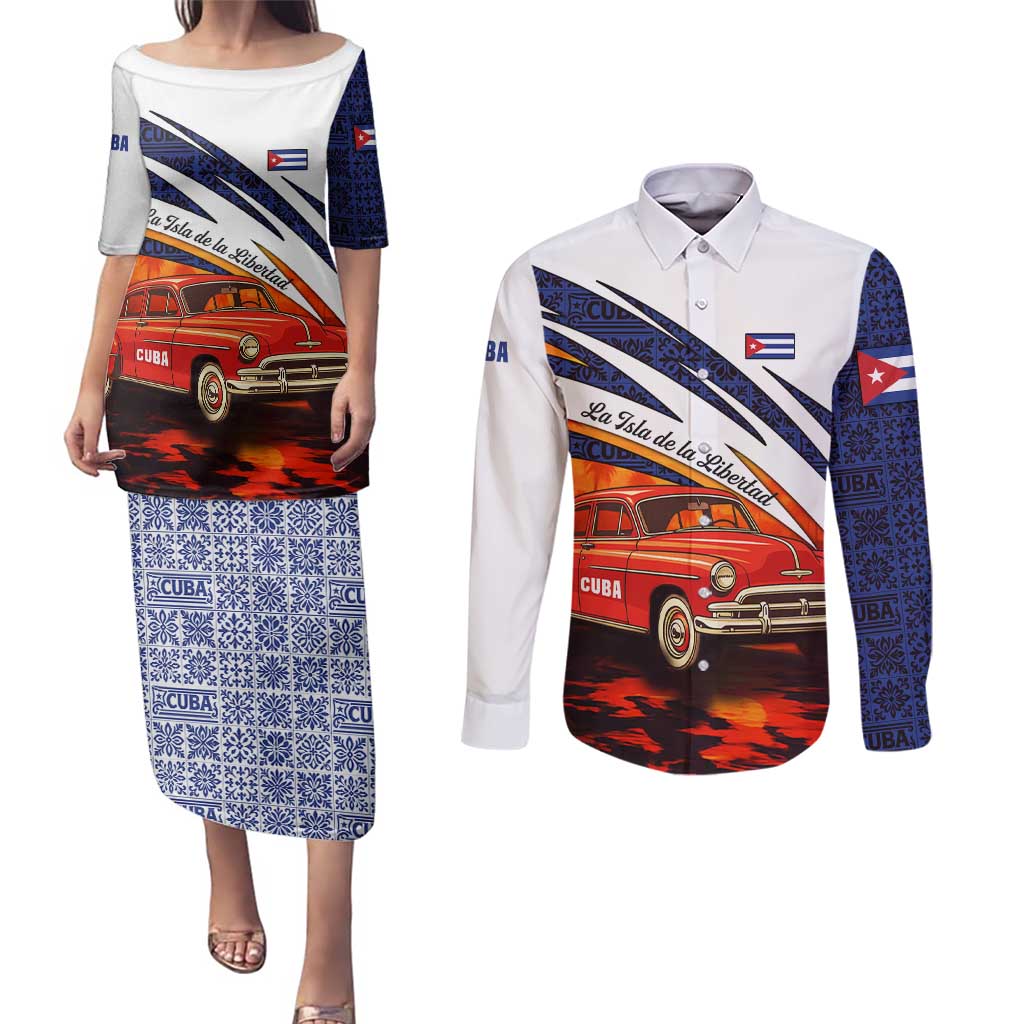 Cuba Classic Car Couples Matching Puletasi and Long Sleeve Button Shirt La Isla de la Libertad Red Vintage Auto with Cuban Flag Design - Wonder Print Shop