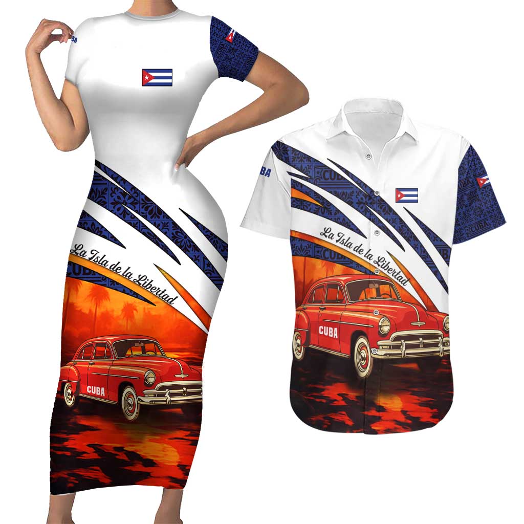 Cuba Classic Car Couples Matching Short Sleeve Bodycon Dress and Hawaiian Shirt La Isla de la Libertad Red Vintage Auto with Cuban Flag Design - Wonder Print Shop