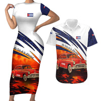 Cuba Classic Car Couples Matching Short Sleeve Bodycon Dress and Hawaiian Shirt La Isla de la Libertad Red Vintage Auto with Cuban Flag Design - Wonder Print Shop