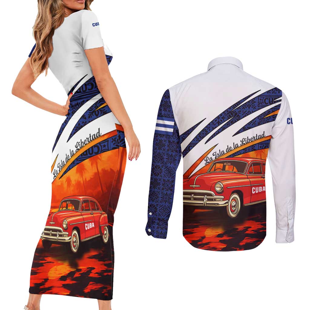 Cuba Classic Car Couples Matching Short Sleeve Bodycon Dress and Long Sleeve Button Shirt La Isla de la Libertad Red Vintage Auto with Cuban Flag Design - Wonder Print Shop